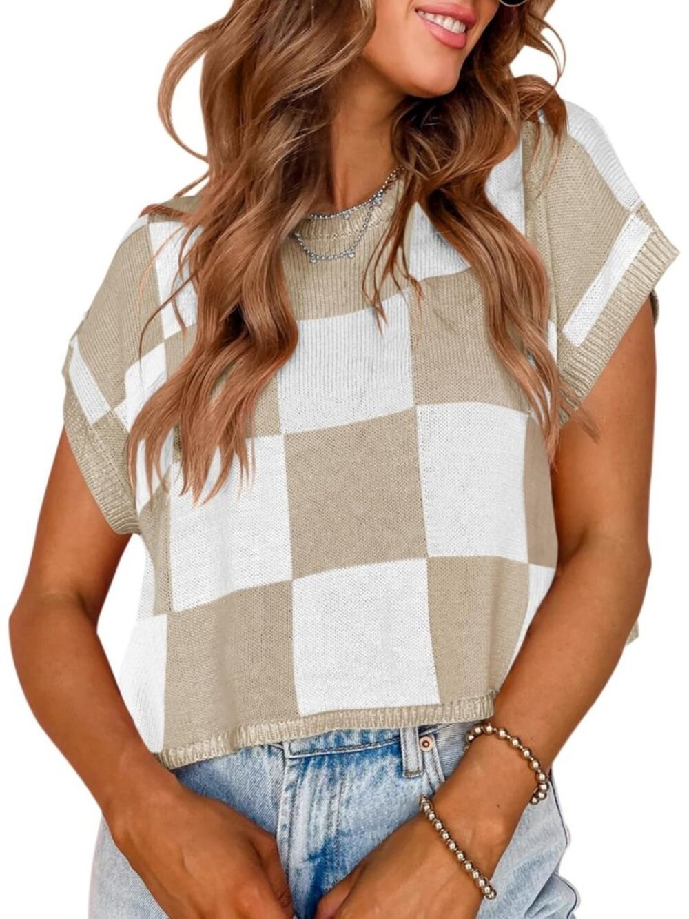 Women's Khaki-1 Knit Crop Tops Crew Neck Loose Fit Summer Comfort Cap Sleeve